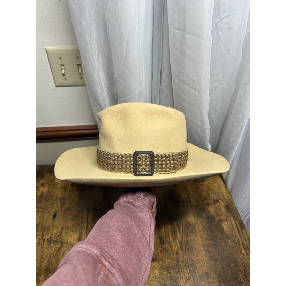 VTG Stetson 4X Western Cowboy Hat Tan Fur‎ Felt Rancher Style USA Braided Buckle